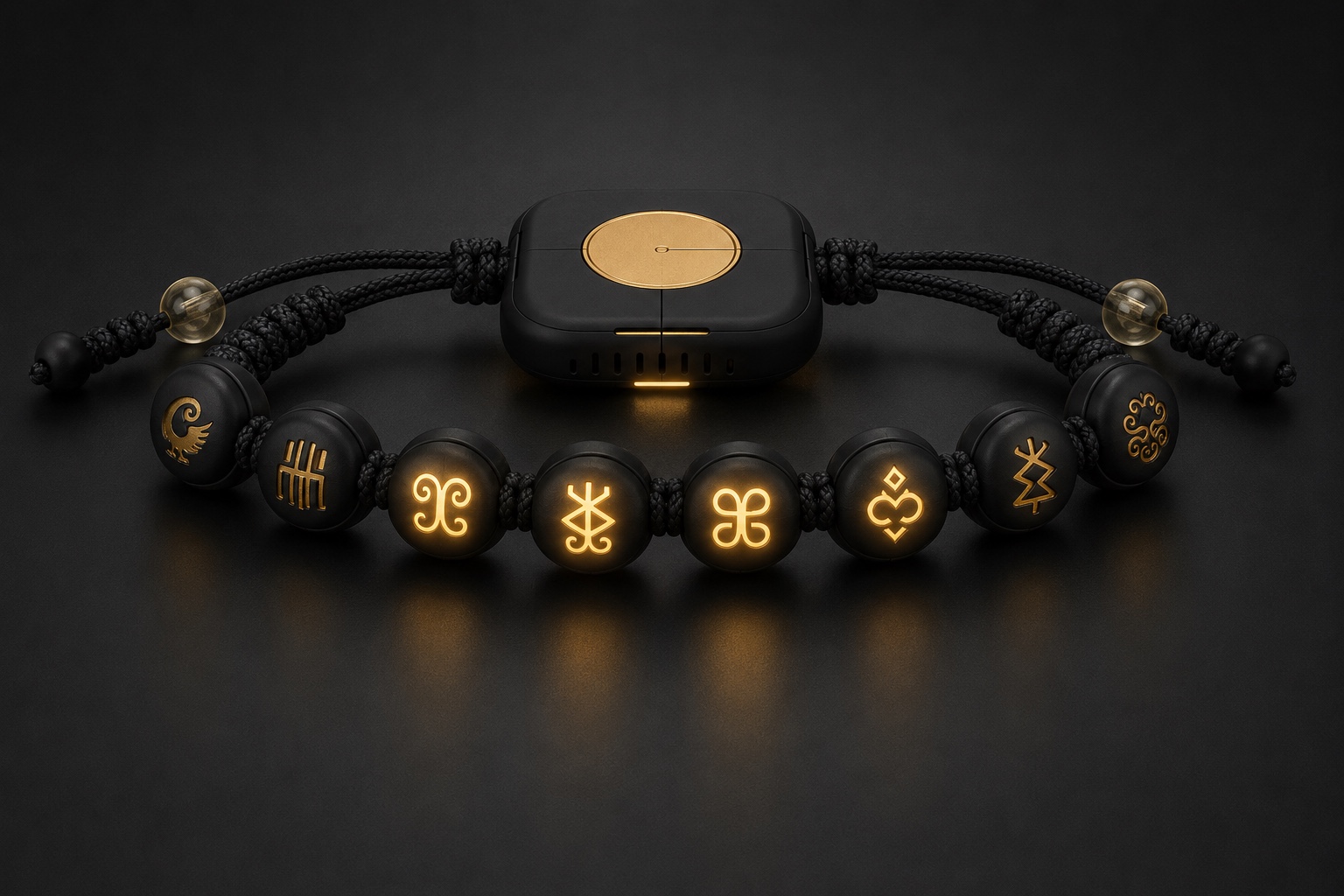 The M'AKOMA bracelet rendered in 3D — beads and core hub on a braided cord.